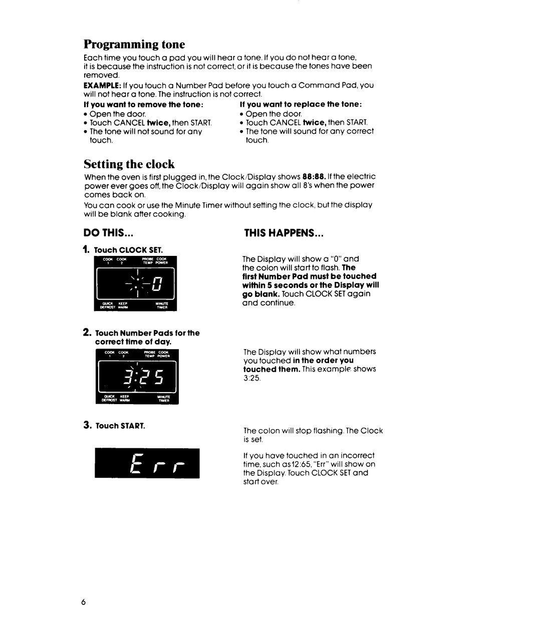 Whirlpool MW8570XR manual Programming tone, Setting the clock 