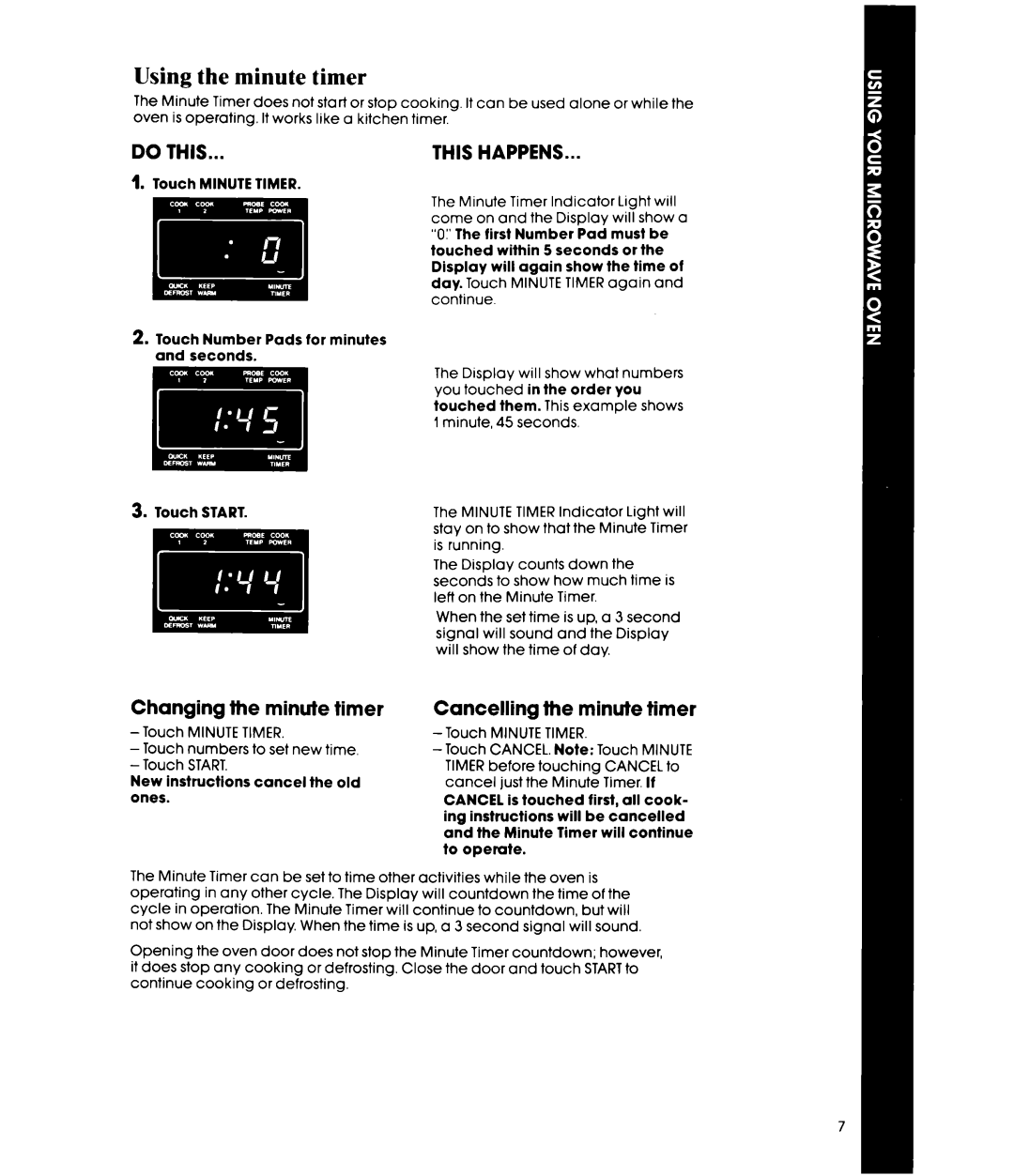 Whirlpool MW8570XR manual Timer, Changing the minute timer Cancelling the minute timer 