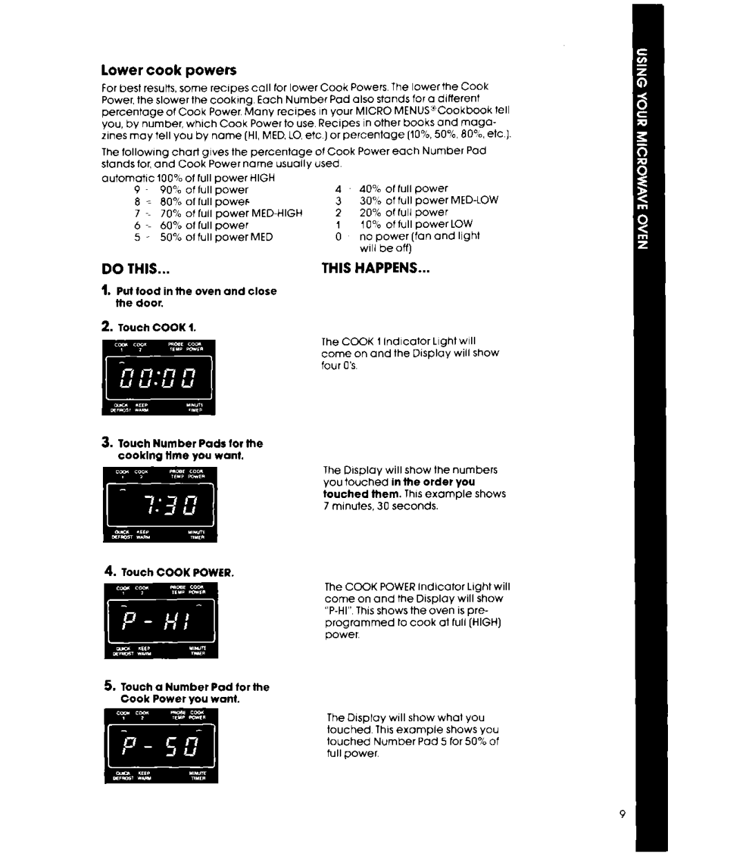 Whirlpool MW8570XR manual Lower cook powers 