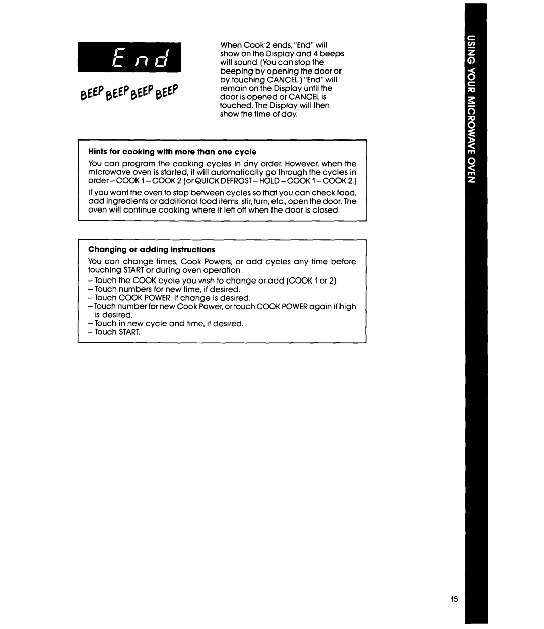 Whirlpool MW8570XR manual Hints for cooking with more than one cycle, Changing or adding instructions 