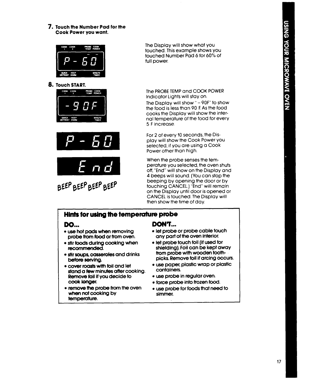 Whirlpool MW8570XR manual Hints for using the tempemture Do, probe DONT, l stir foods during cooking when reo 