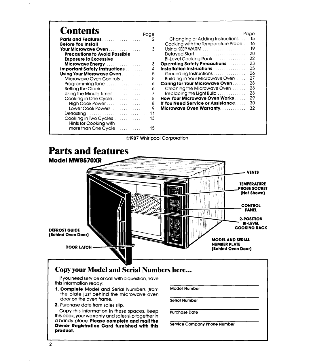 Whirlpool manual Contents, Parts and features, Copy your Model and Serial Numbers here, Model MW8570XR 