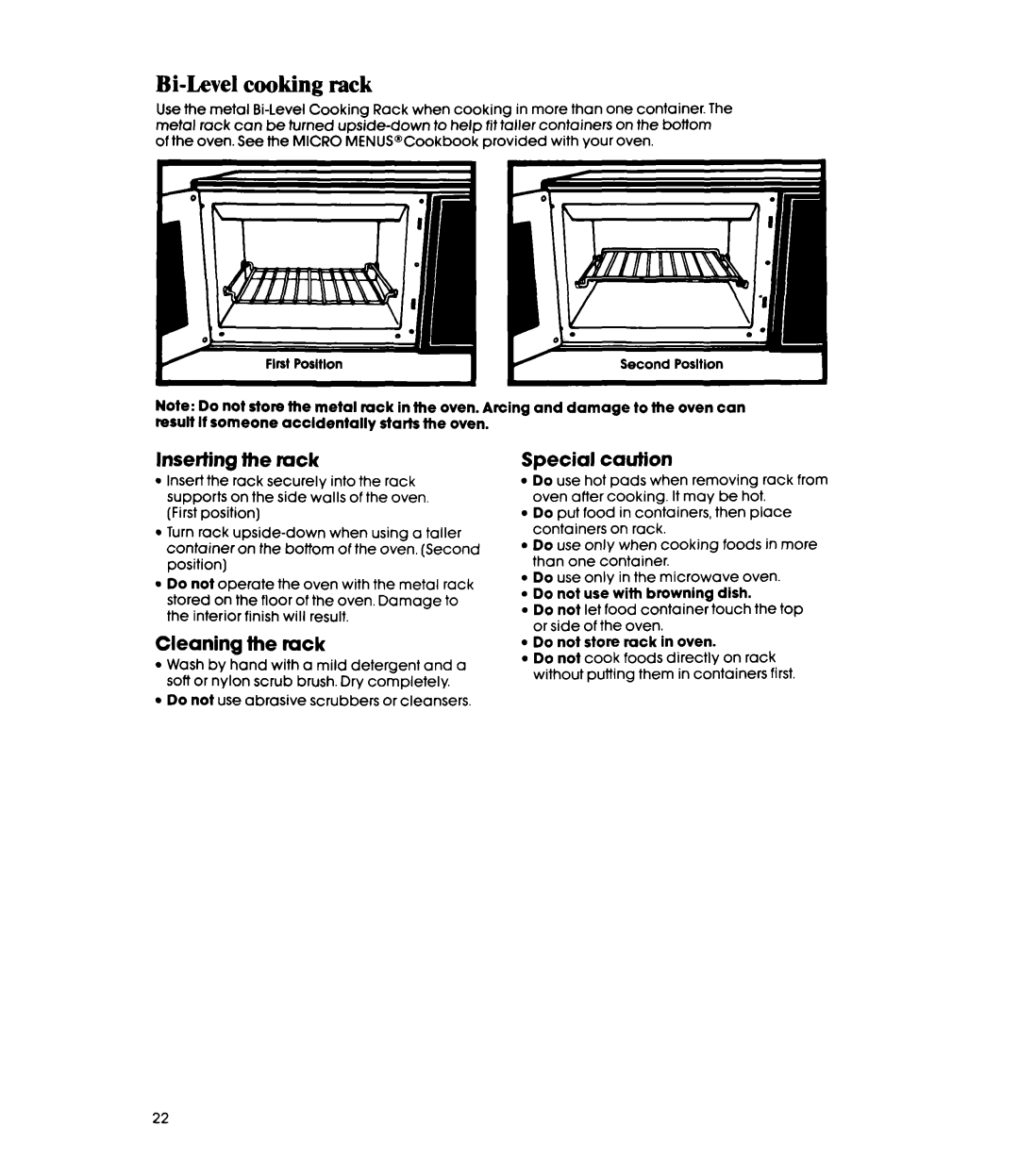 Whirlpool MW8570XR manual Bi-Levelcooking rack, inserting the ruck, Cleaning the rack, Special caution 