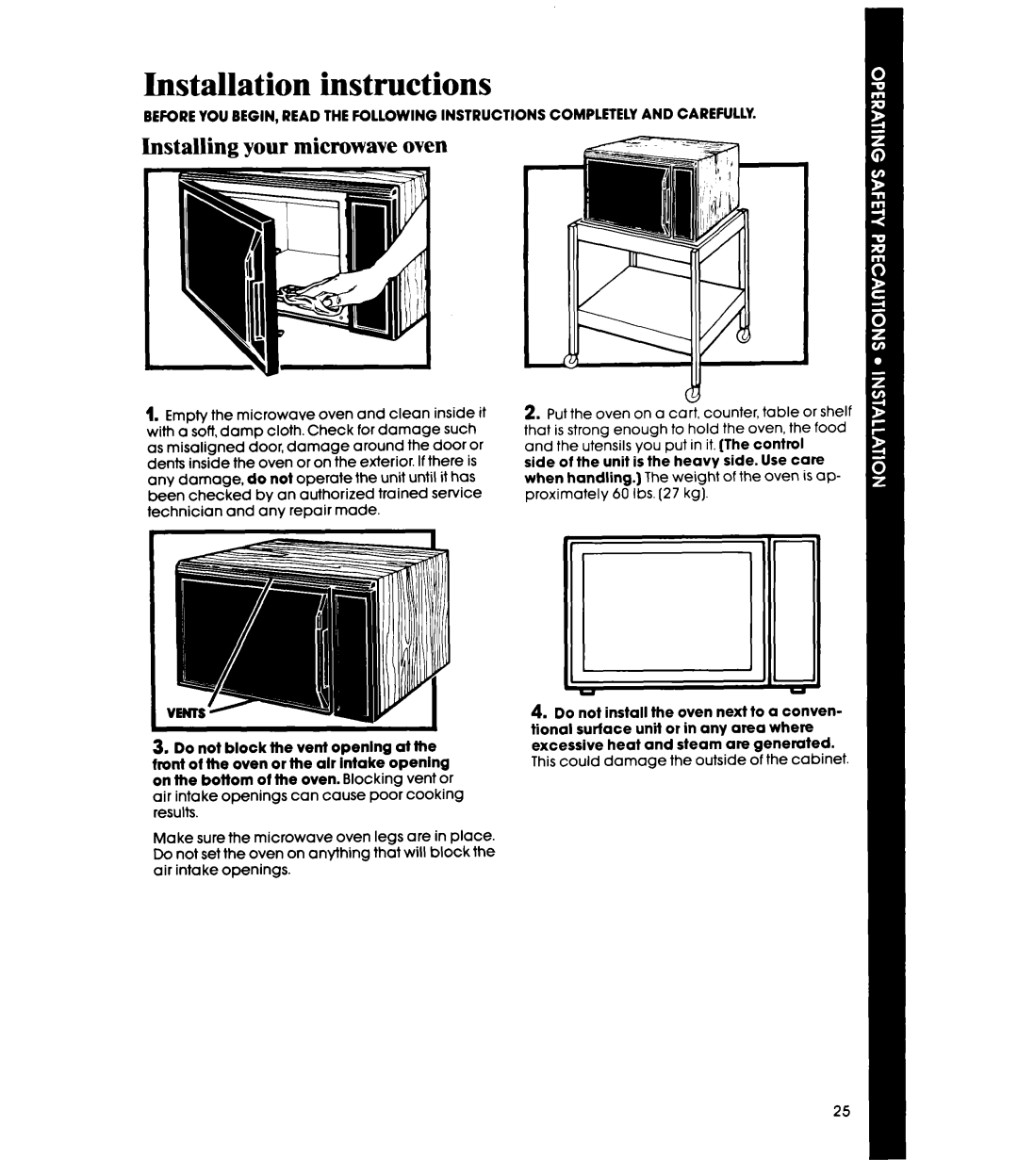 Whirlpool MW8570XR manual Installation instructions, Installing your microwave oven 