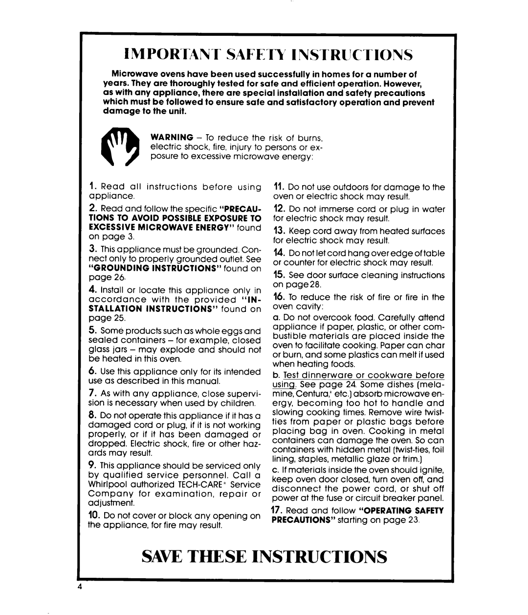 Whirlpool MW8570XR manual Saw These Instructions, Important Safety Instructions 