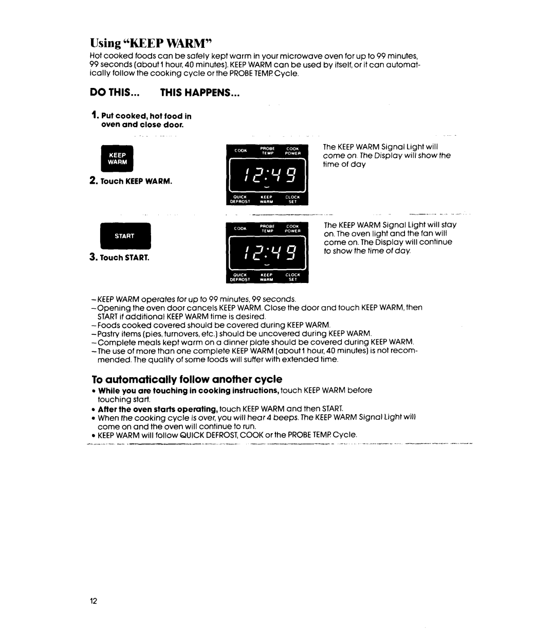 Whirlpool MW8580XP, MW856EXP manual Using Keep Warm, To automatically Follow, Cycle 