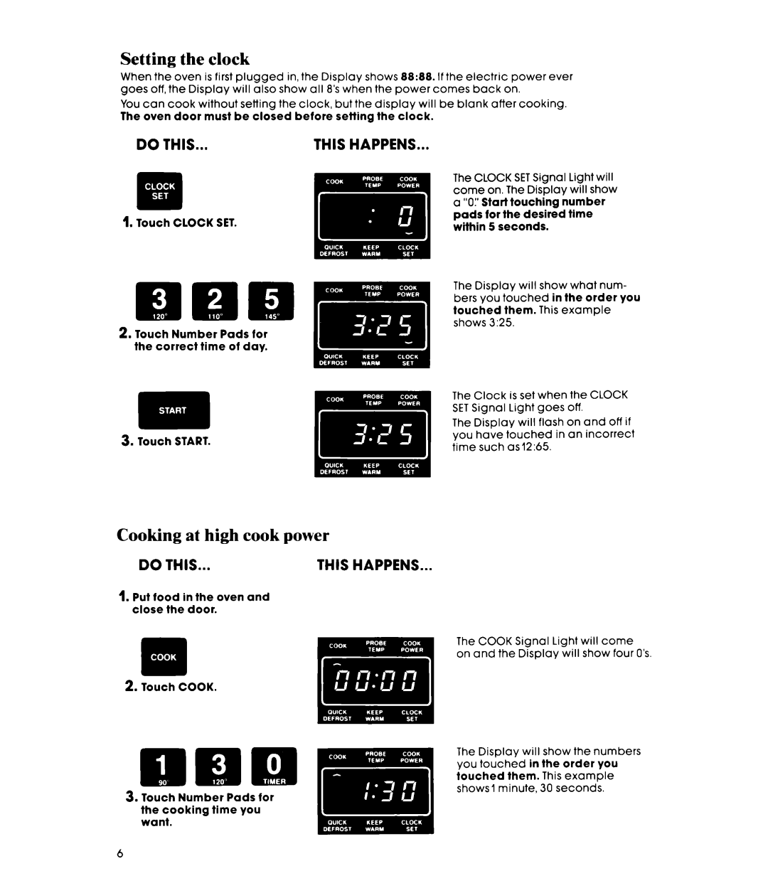 Whirlpool MW8580XP, MW856EXP manual Setting the clock, Cooking at high cook power 