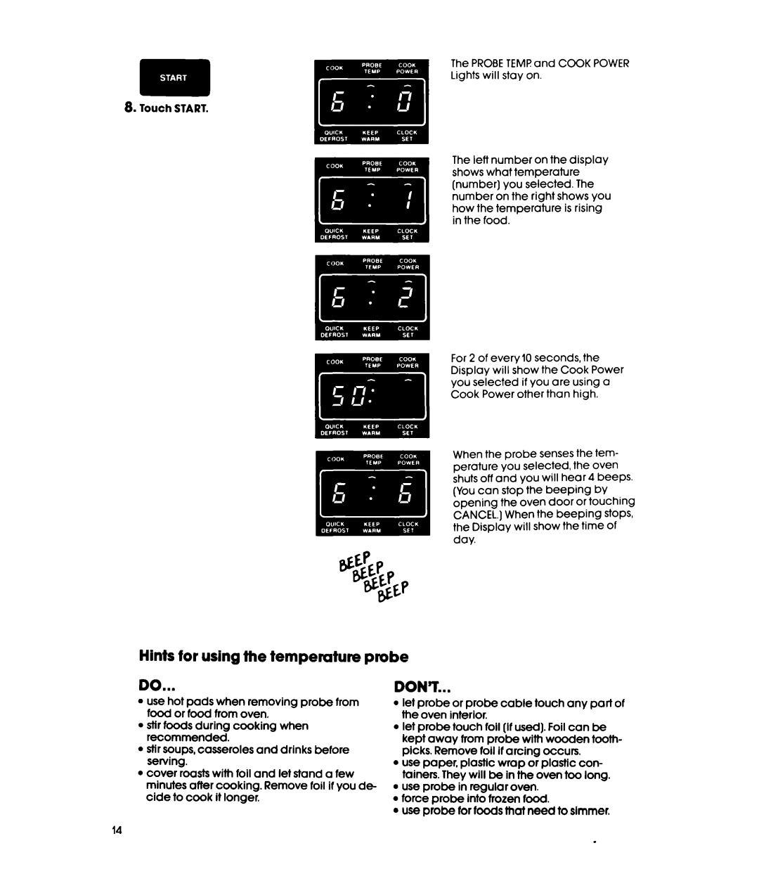 Whirlpool MW8580XP, MW856EXP manual Hints for using the temperature probe, Don’T 