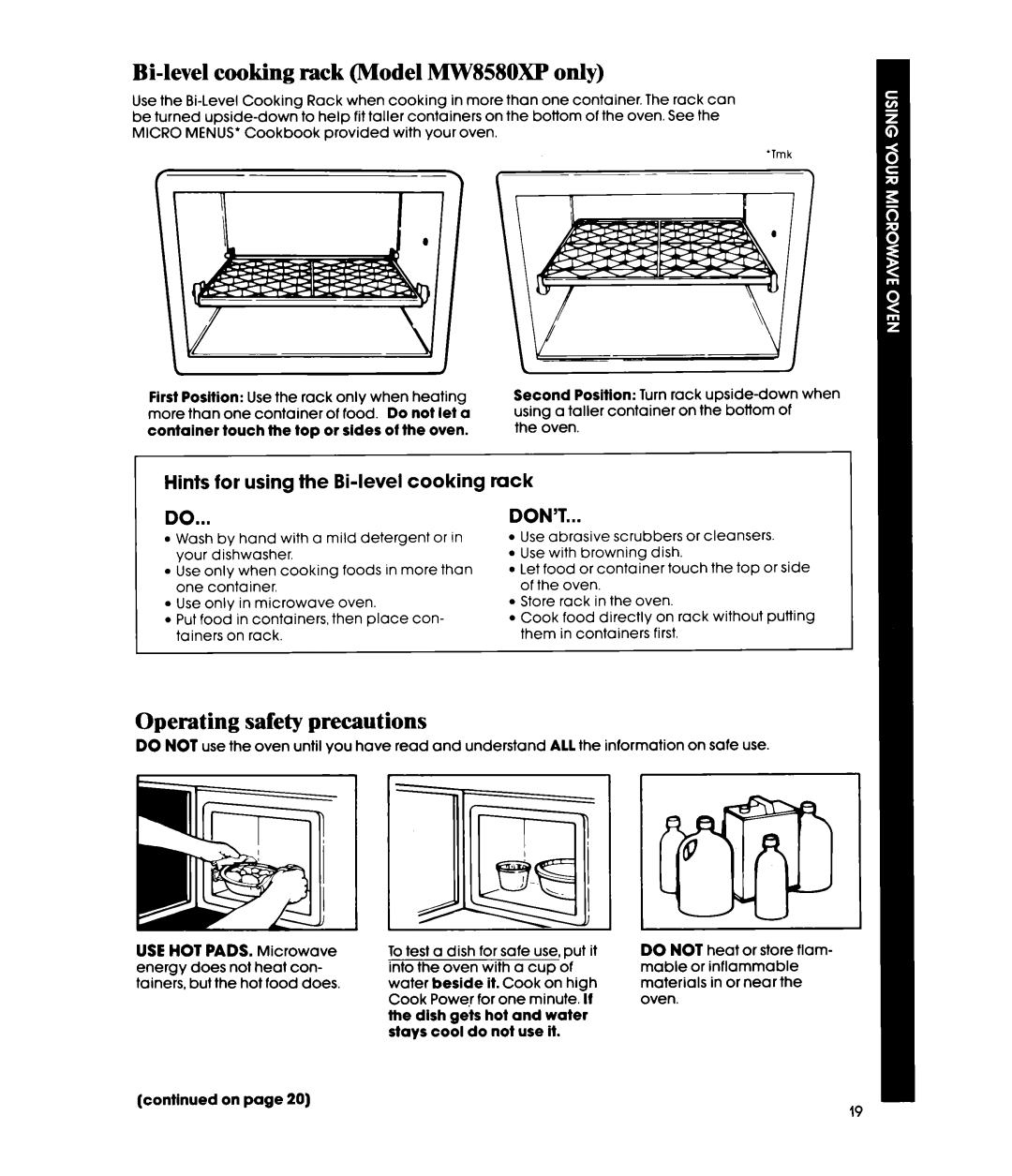 Whirlpool MW856EXP, MW8580XP manual Bi-levelcooking rack Model MW858OXP only, Operating safety precautions, rack DON’T 