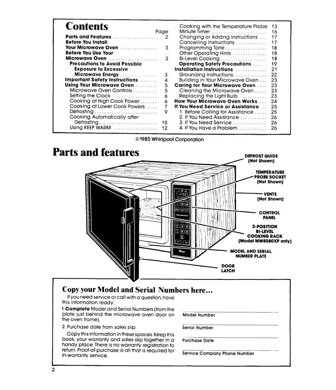Whirlpool MW8580XP, MW856EXP manual Parts and features, Copy your Model and Serial Numbers here, Page, Contents 