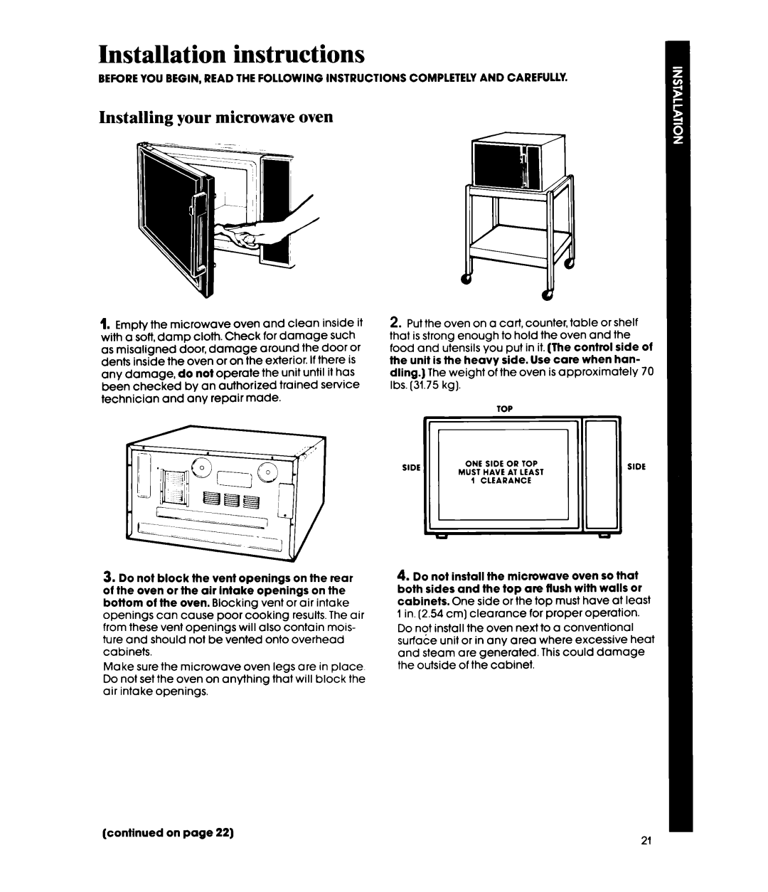 Whirlpool MW856EXP, MW8580XP manual Installation instructions, Installing your microwave oven 