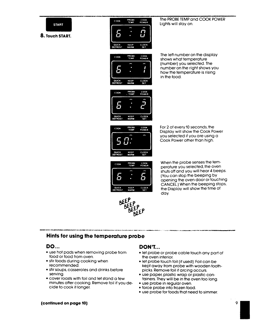 Whirlpool MW865EXR, MW8600XR, MW8650XR manual Hints for using the temperature probe, Don’T 