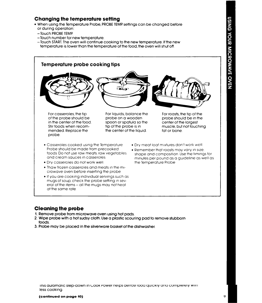 Whirlpool MW8600XR, MW8650XR, MW865EXR Changing the temperature setting, Temperature probe cooking tips, Cleaning the probe 