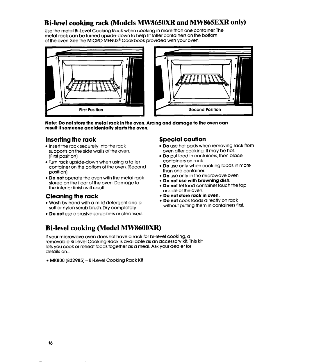 Whirlpool MW8650XR, MW8600XR manual Bi-level cooking rack Models MW865OXR and MW865EXR only, Bi-level cooking Model MW86OOXR 