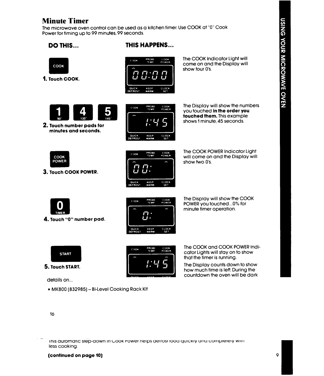 Whirlpool MW865EXR, MW8600XR, MW8650XR manual Minute Timer 