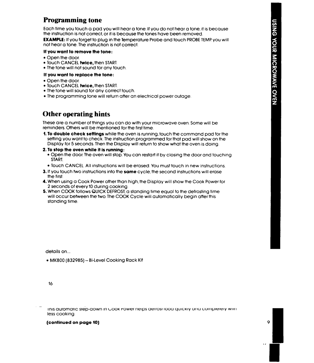 Whirlpool MW8650XR, MW8600XR, MW865EXR manual Programming tone, Other operating hints 