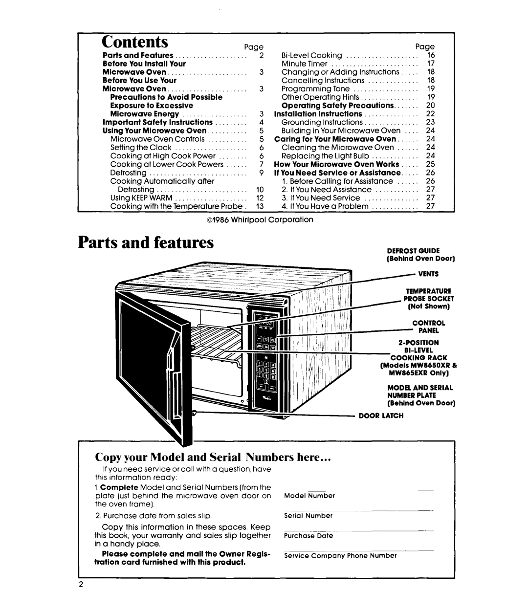 Whirlpool MW865EXR, MW8600XR, MW8650XR manual Parts and features, Contents 