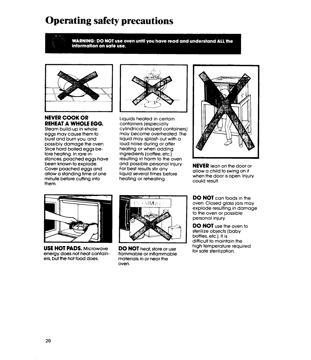 Whirlpool MW865EXR, MW8600XR, MW8650XR manual Operating safety precautions, Never Cook or Reheat a Whole EGG 