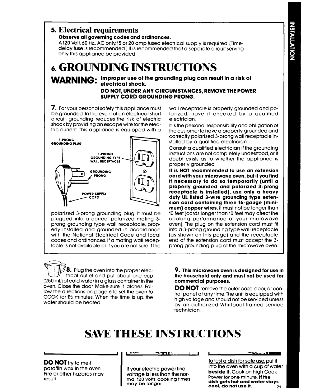 Whirlpool MW865EXR, MW8600XR, MW8650XR manual Grounding Instructions, Electrical requirements 