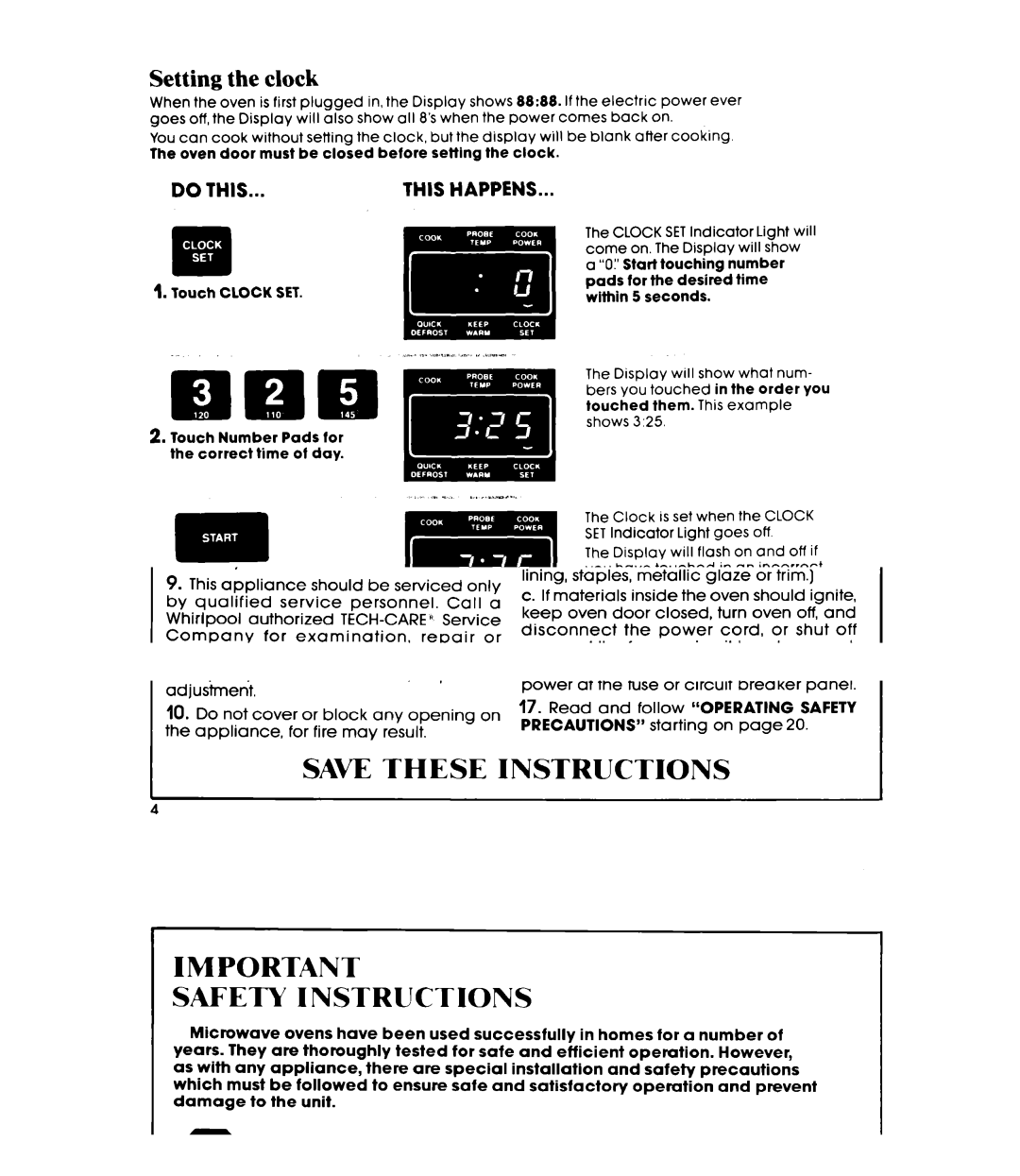 Whirlpool MW8600XR, MW8650XR, MW865EXR manual Setting the clock, Cooking at high cook power 