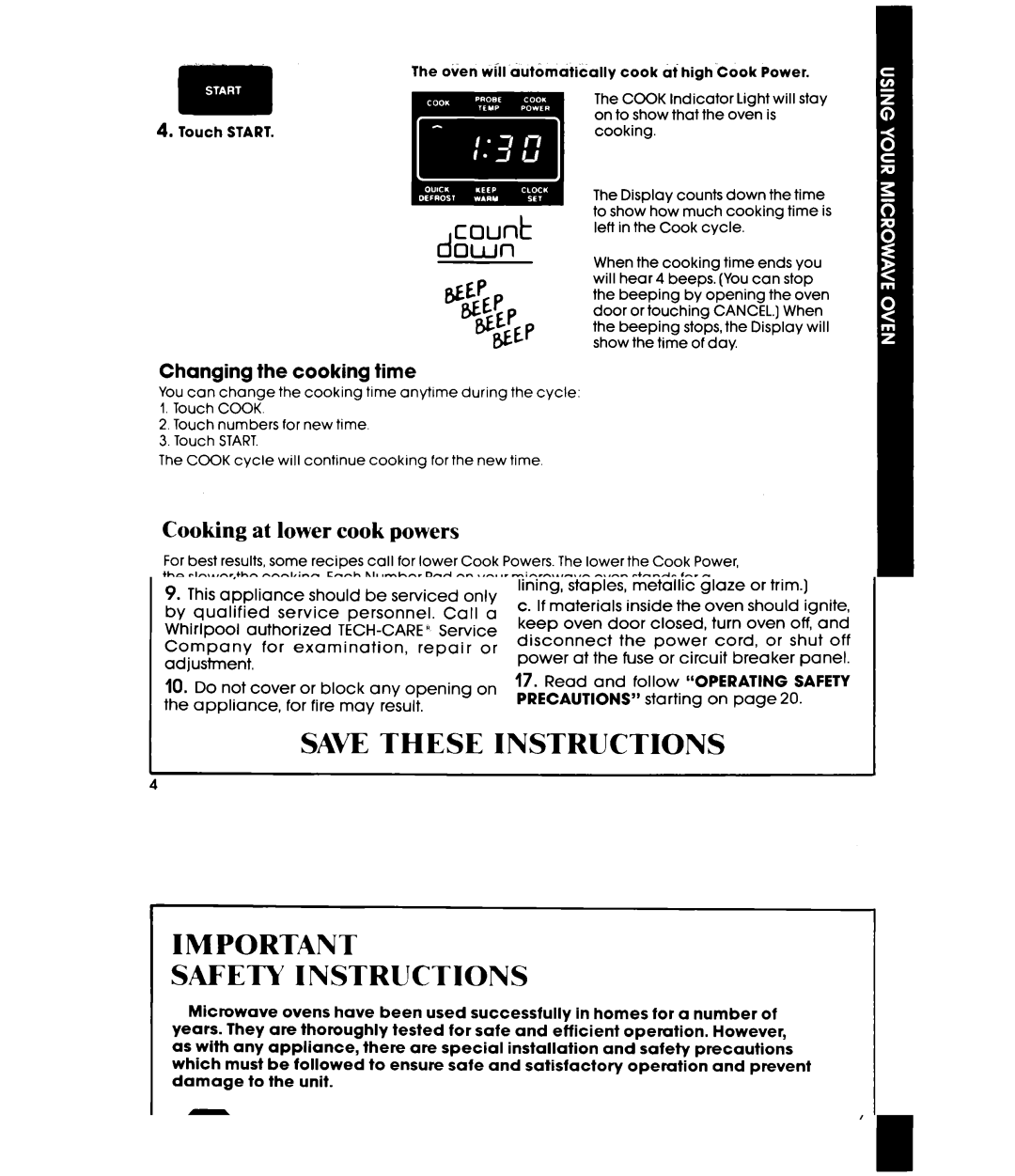 Whirlpool MW8650XR, MW8600XR, MW865EXR manual Count, Down, Cooking at lower cook powers, Changing Cooking Time 