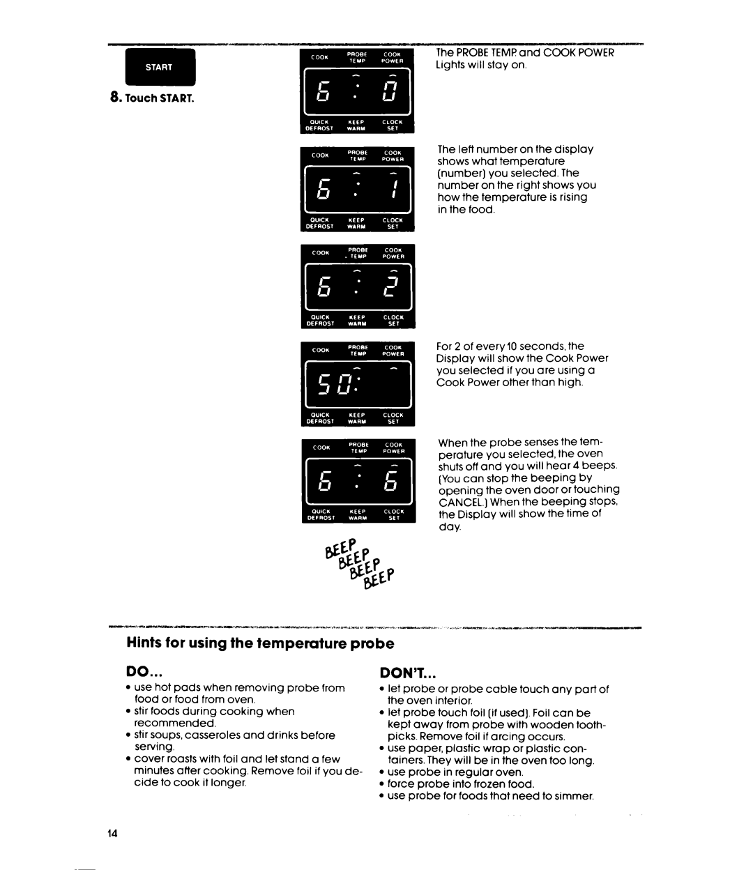 Whirlpool MW865EXR, MW8600XR, MW8650XR manual Hints for using the temperature probe, Don’T 