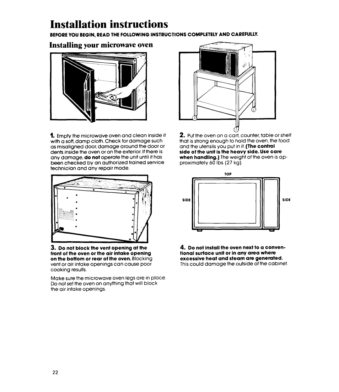 Whirlpool MW8650XR, MW8600XR, MW865EXR manual Installation instructions, Installing your microwave oven 