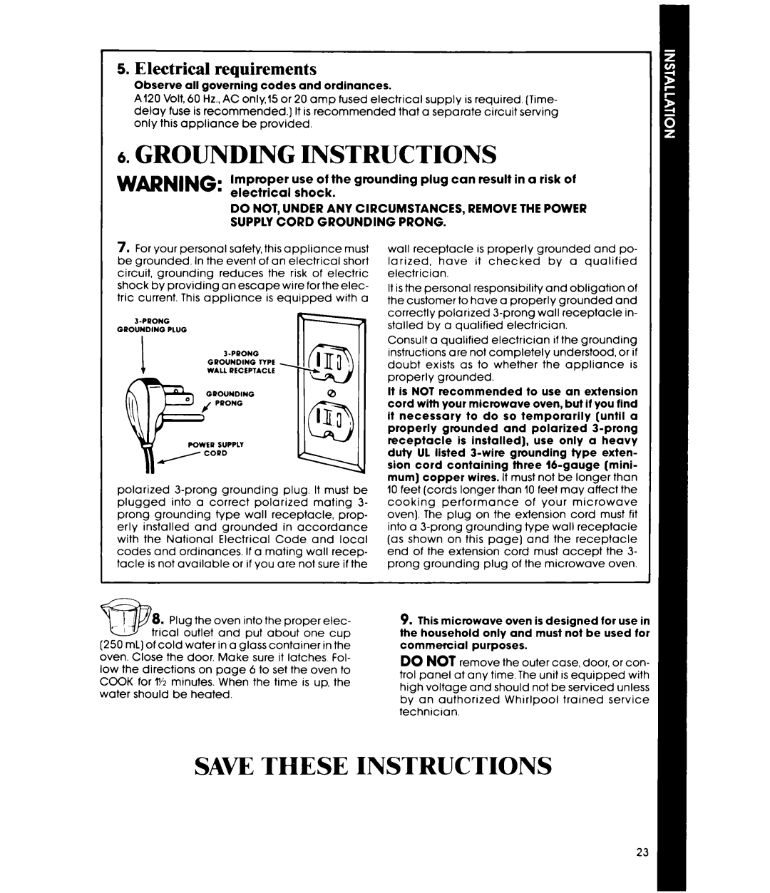 Whirlpool MW865EXR, MW8600XR, MW8650XR manual Grounding Instructions, Save These Instructions, Electrical requirements 