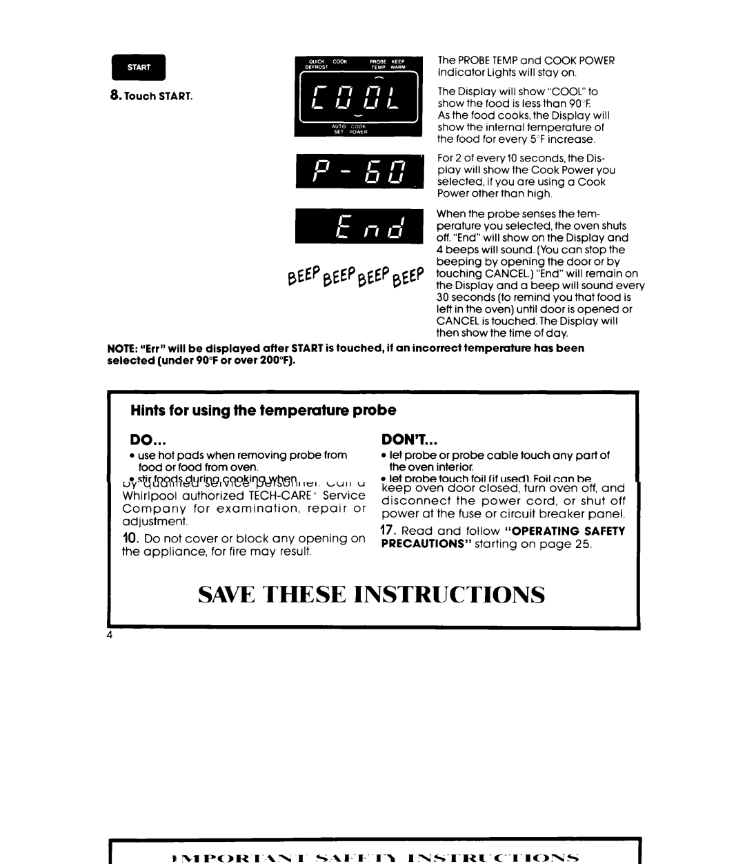 Whirlpool MW8600XS manual Hints for using the temperature probe, Don’T 