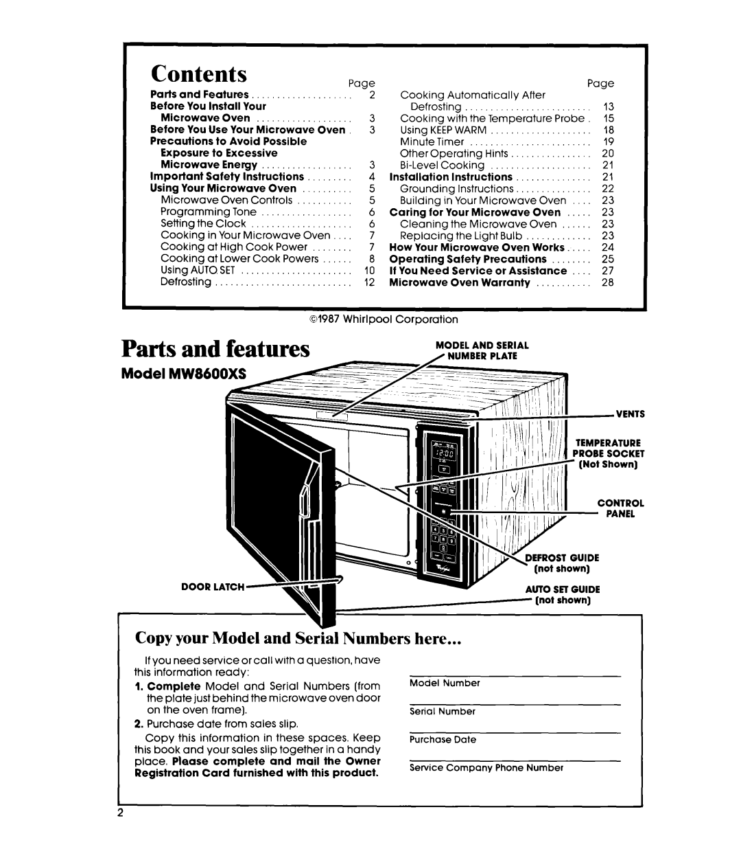 Whirlpool MW8600XS manual Contents, Parts and feature 