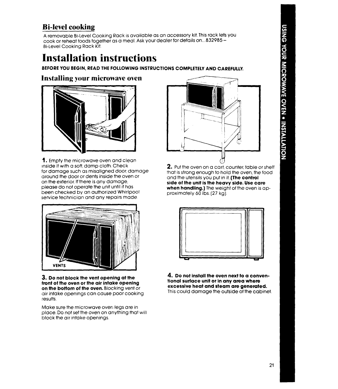 Whirlpool MW8600XS manual Installation instructions, Bi-level cooking, Installing your microwave oven 