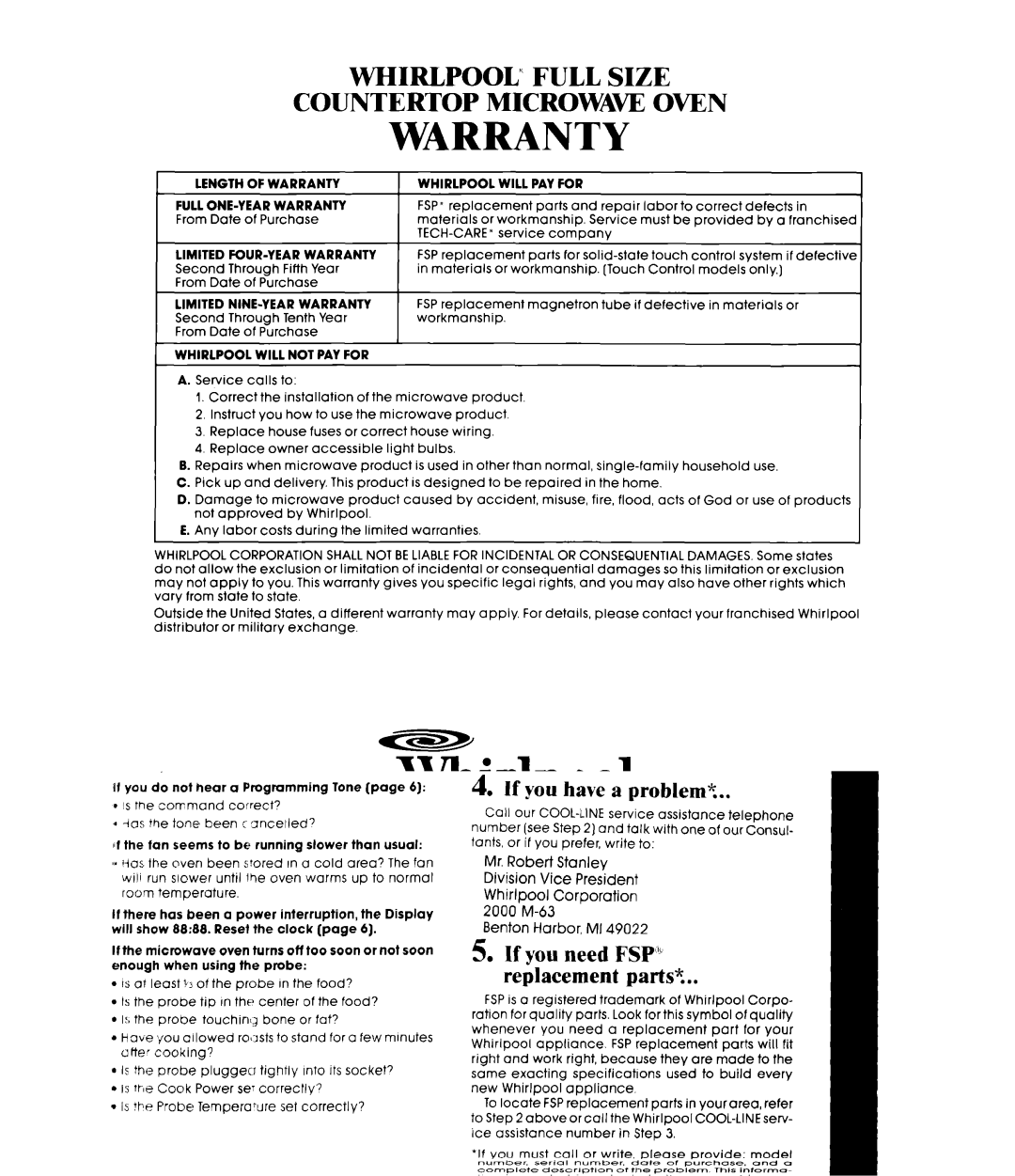 Whirlpool MW8600XS manual Warranty 