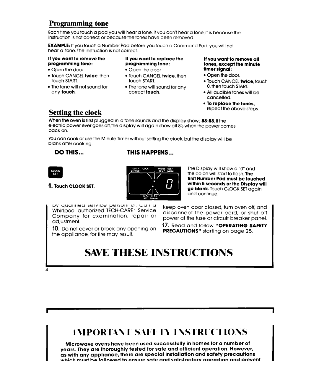 Whirlpool MW8600XS manual Programming tone, Setting the clock 