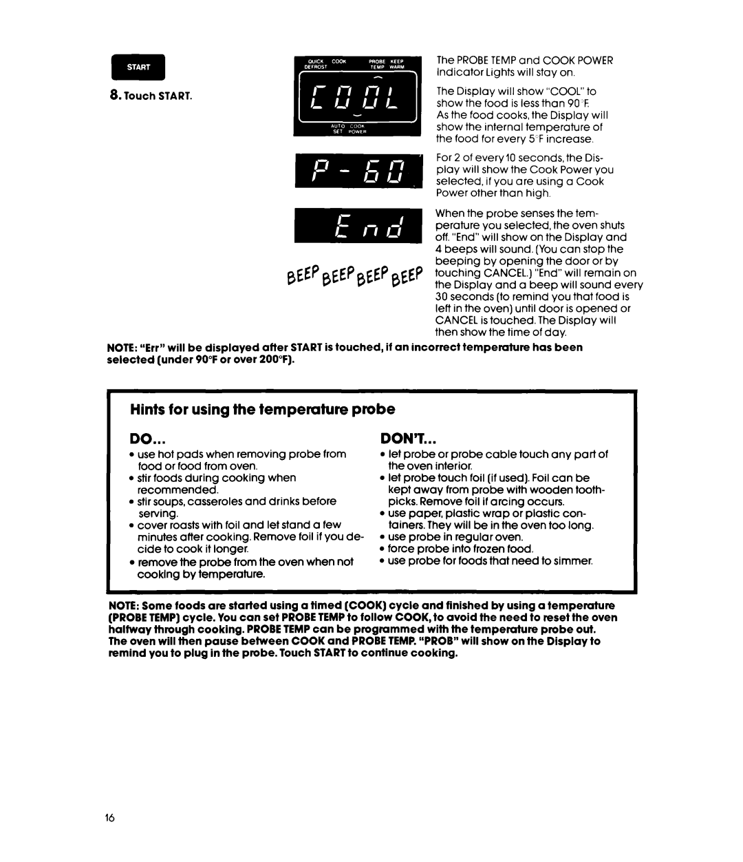 Whirlpool MW8600XS manual Hints for using the temperature probe, Don’T 