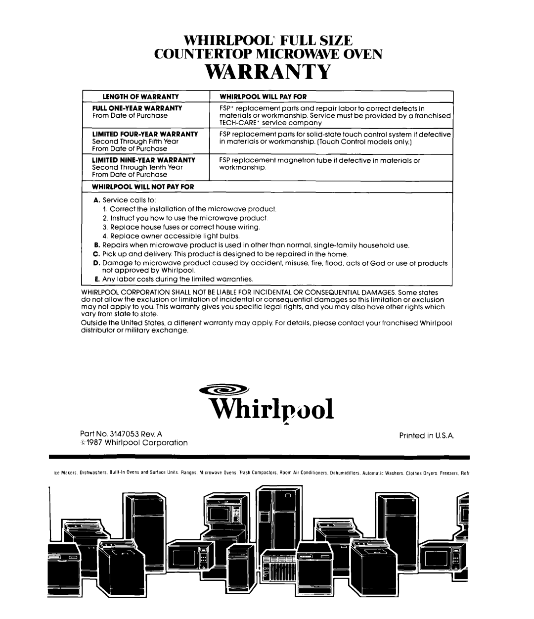 Whirlpool MW8600XS manual Whirlpool”, Full, Size, Countertop, Microwaw, Oven, Warranty 