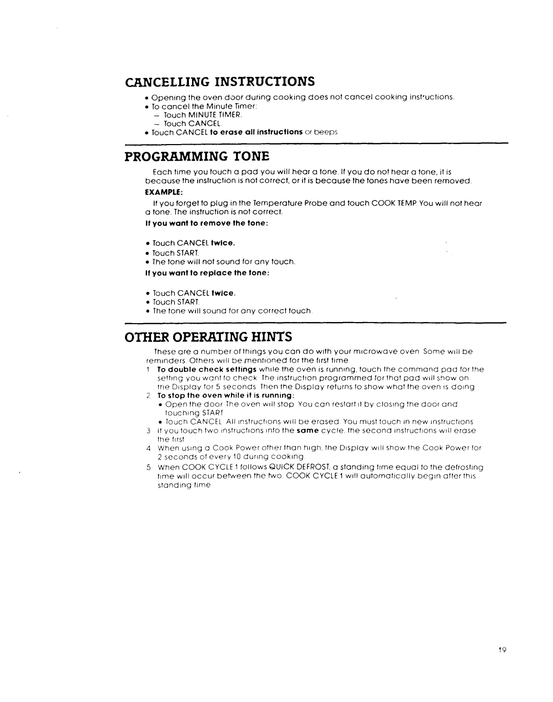 Whirlpool MW8650XL warranty Cancelling Instructions, Programming Tone, Hints, Example 