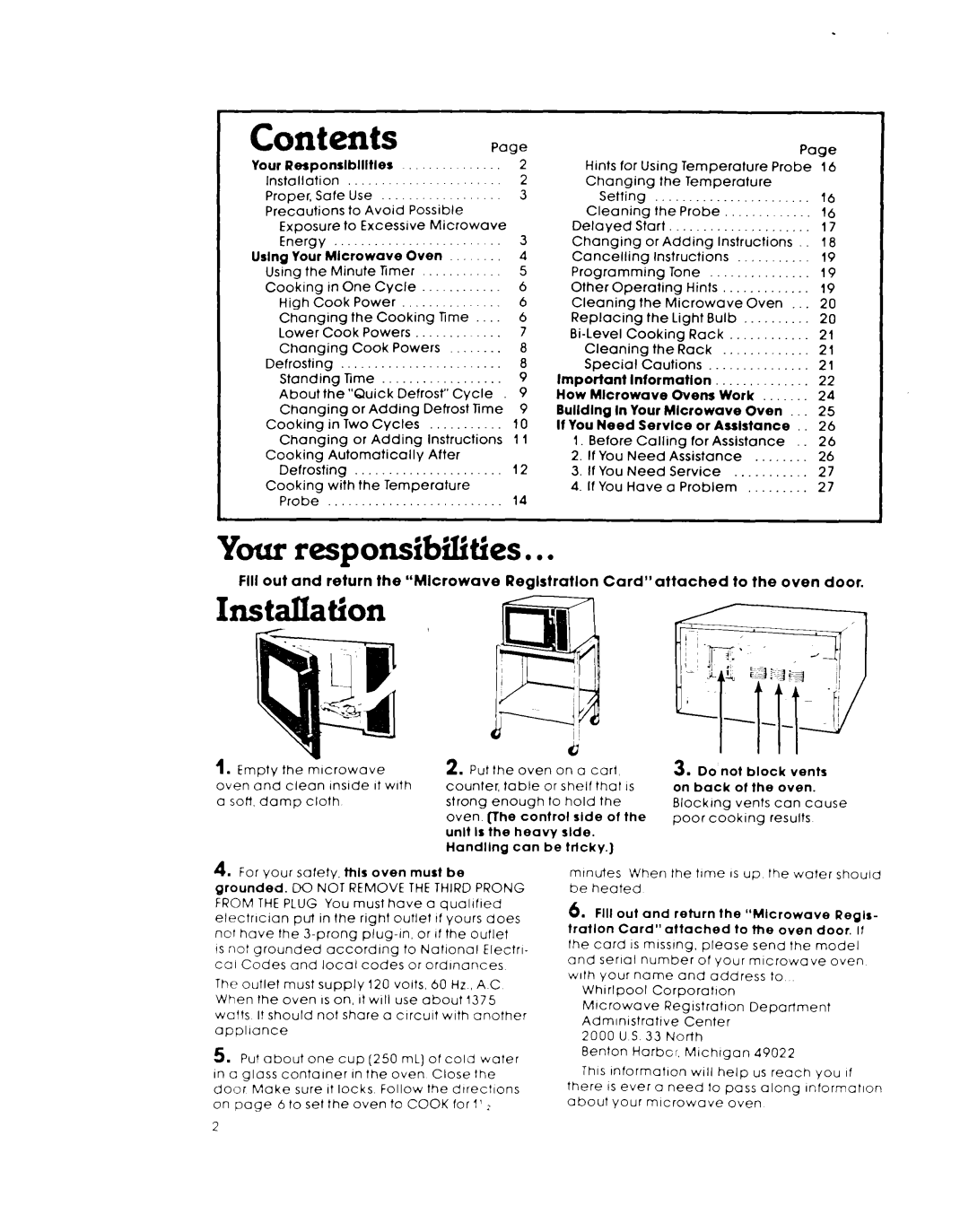 Whirlpool MW8650XL warranty Contents 