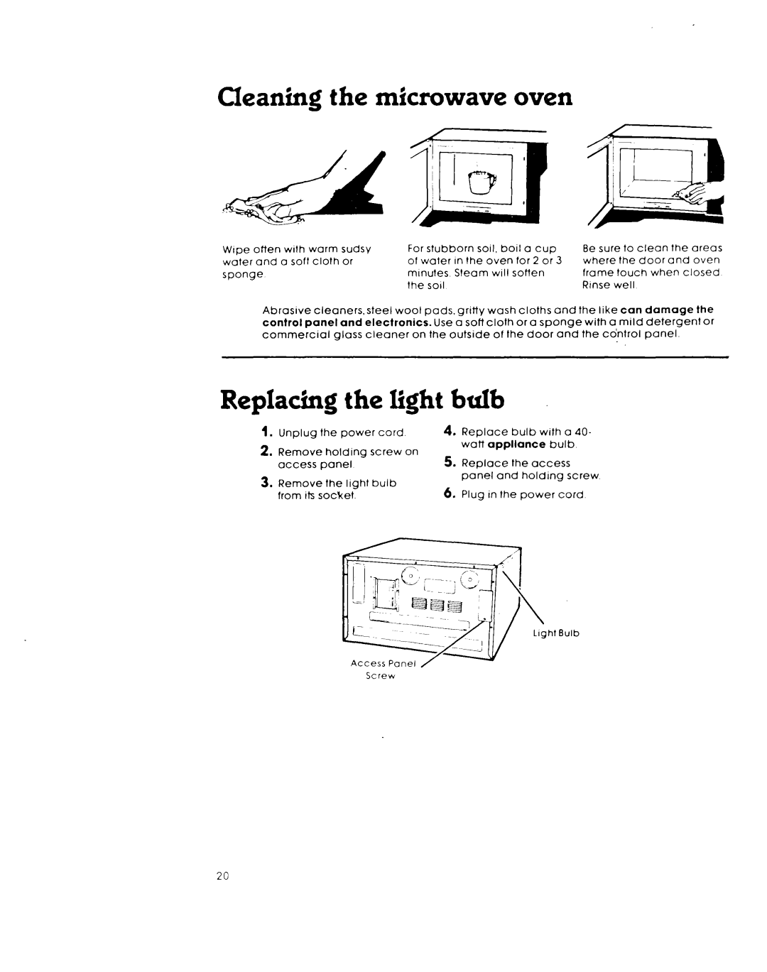 Whirlpool MW8650XL warranty Cleaning the microwave oven, Replacing the light bulb 