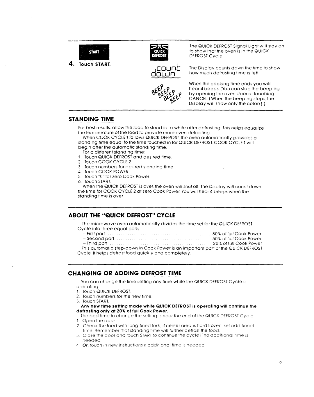 Whirlpool MW8650XL warranty count, d own, Or Adding, About The “Quick Defrost” Cycle, Defrost Time, Standing, Changing 