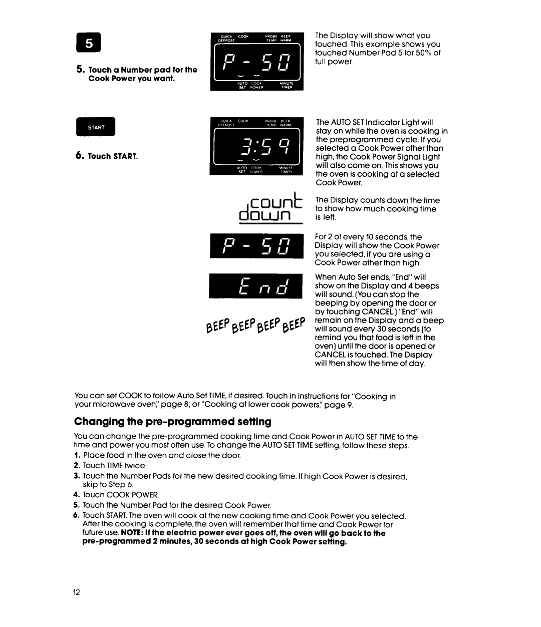 Whirlpool MW8650XS manual COdI dOWll, Changing the pre-programmed setting 