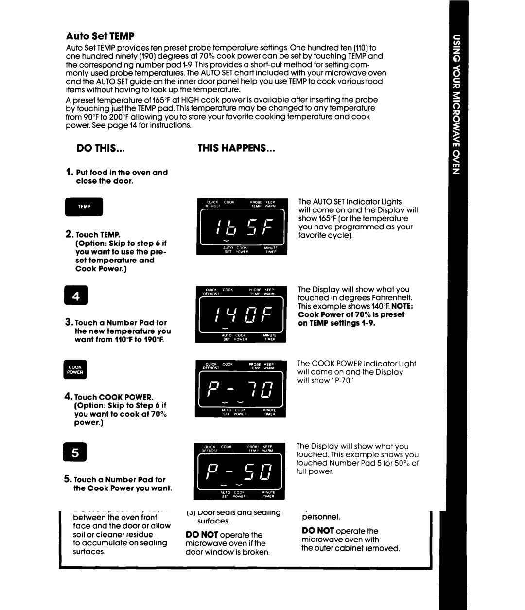 Whirlpool MW8650XS manual Auto Set Temp 