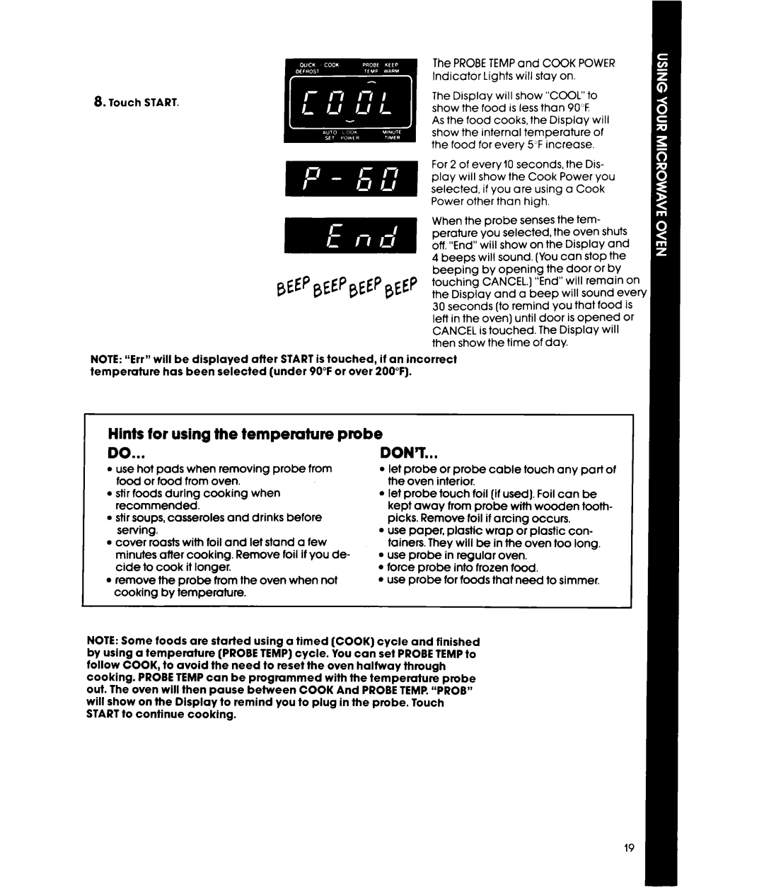 Whirlpool MW8650XS manual Hints for using the temperature probe 