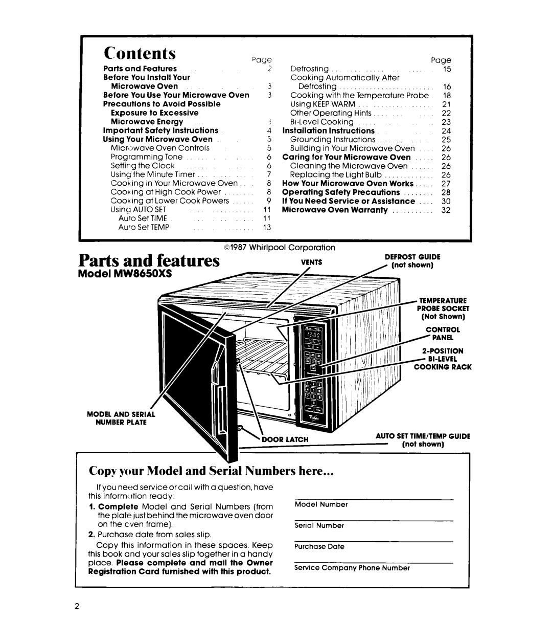 Whirlpool MW8650XS manual Contents, Parts and features 