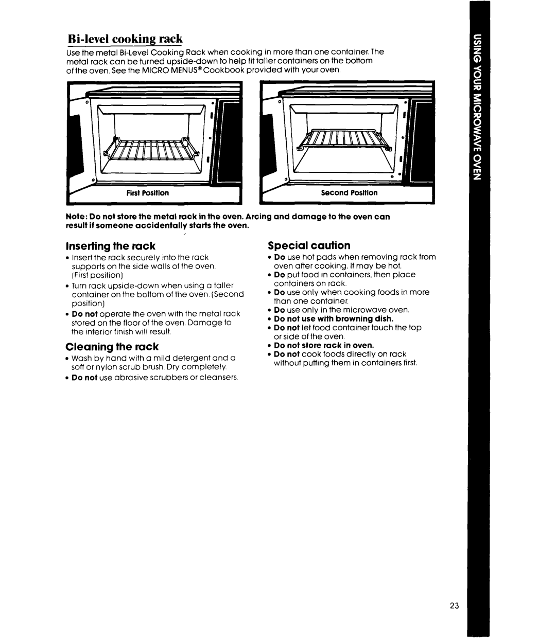 Whirlpool MW8650XS manual Bi-level cooking rack, Inserting the rack, Cleaning the rack, Special caution 