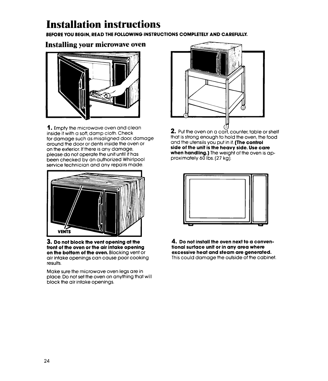 Whirlpool MW8650XS manual Installation instructions, Installing your microwave oven 