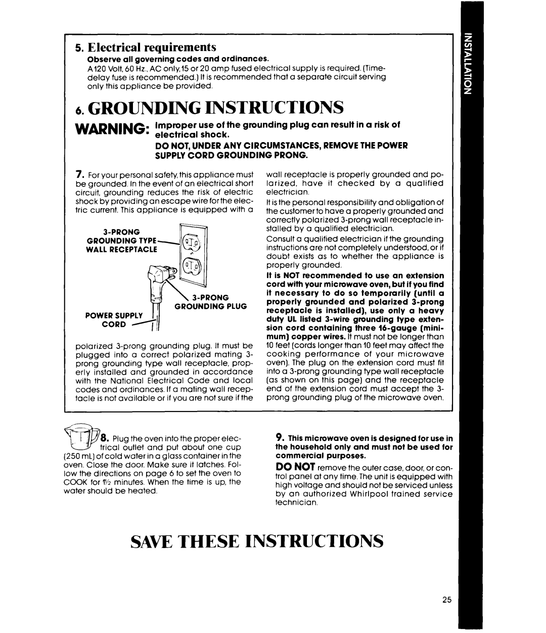 Whirlpool MW8650XS manual Instructions, Electrical requirements 