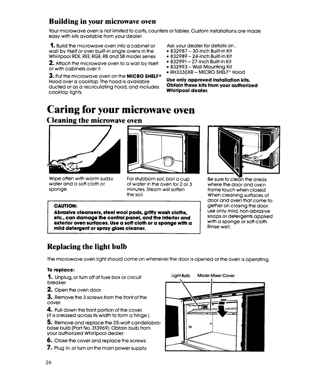 Whirlpool MW8650XS manual Caring for your microwave oven, Building in your microwave oven, Cleaning the microwave oven 