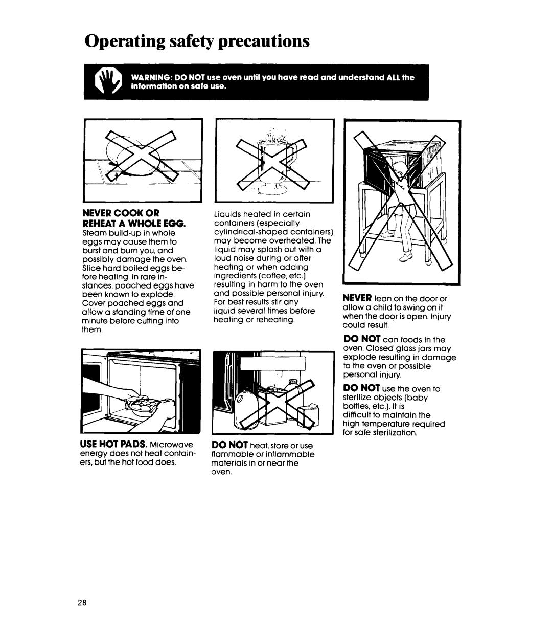 Whirlpool MW8650XS manual Operating safety precautions, Never Cook or Reheat a Whole EGG 