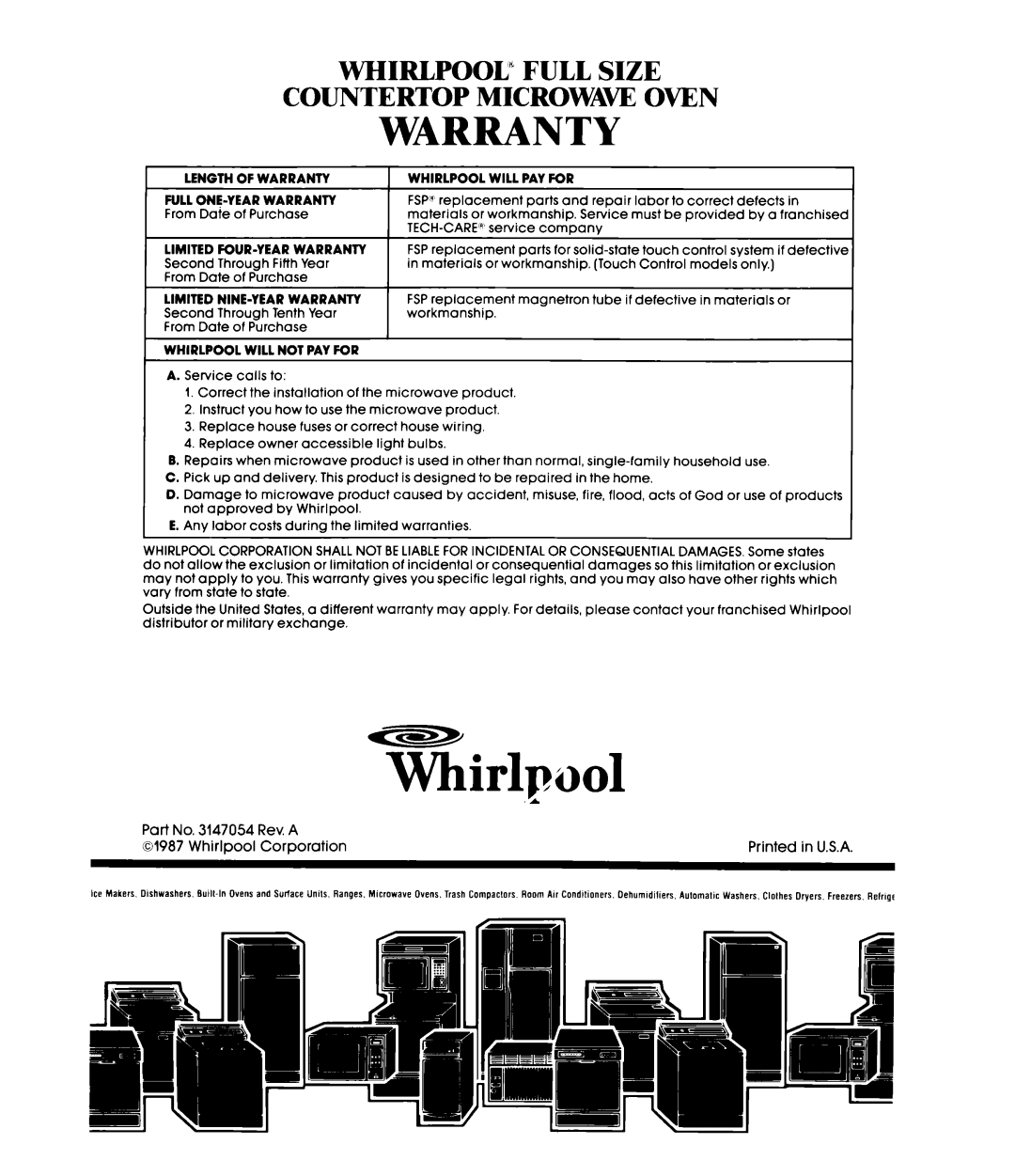 Whirlpool MW8650XS manual Warranty 