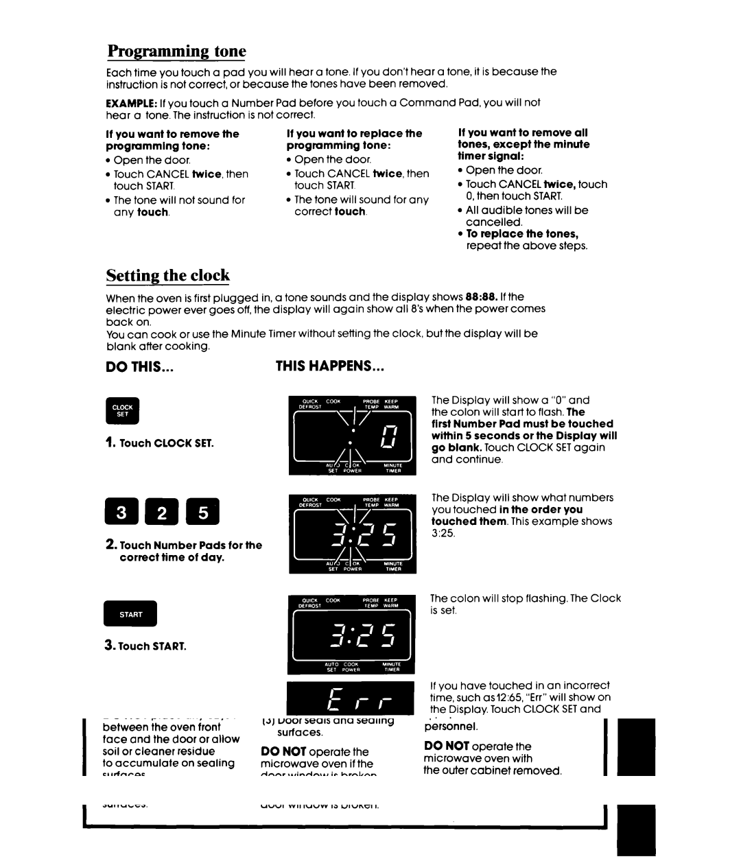 Whirlpool MW8650XS manual Programming tone, Setting the clock 